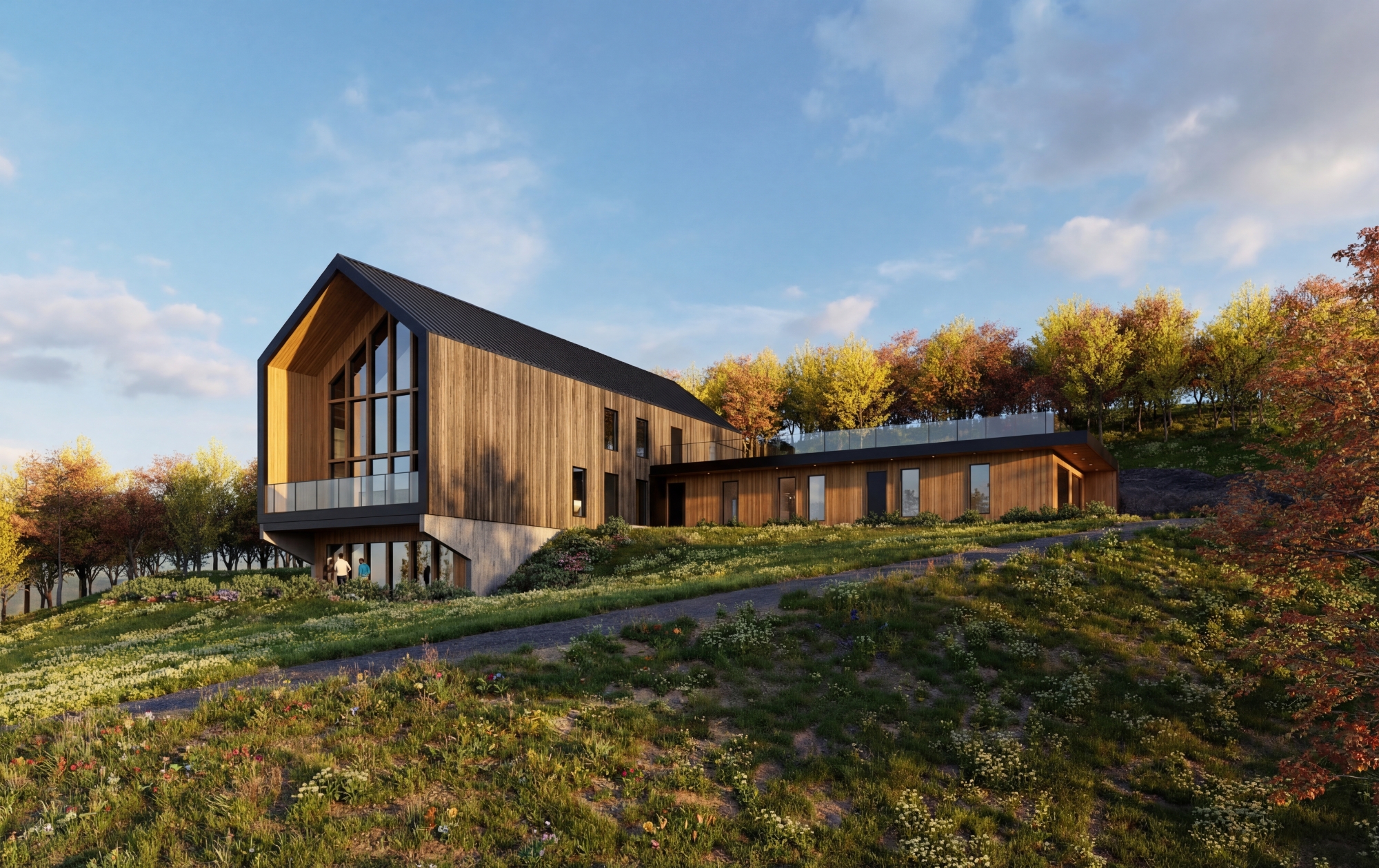 ATOM double-height living room with floor-to-ceiling windows facing Greenwood Lake