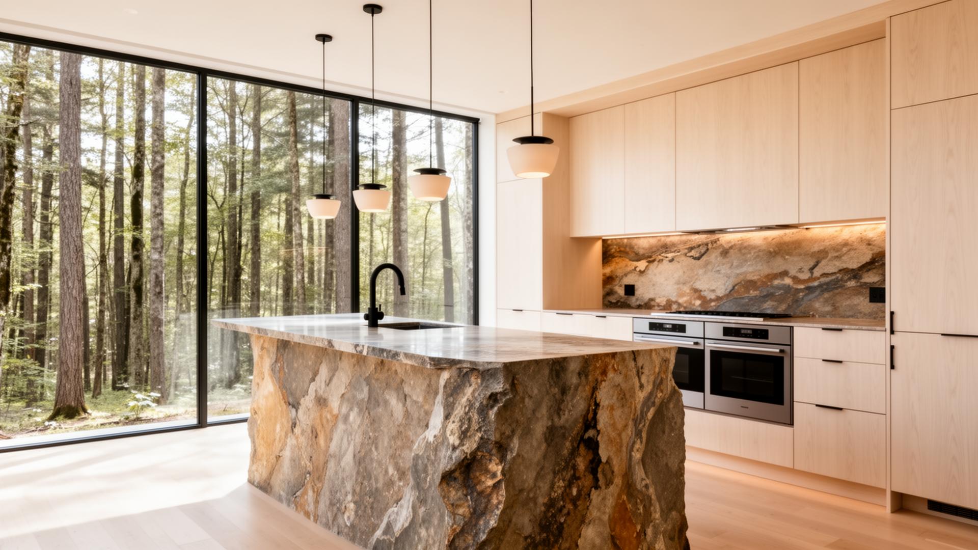 ATOM kitchen with natural stone island and white oak cabinetry