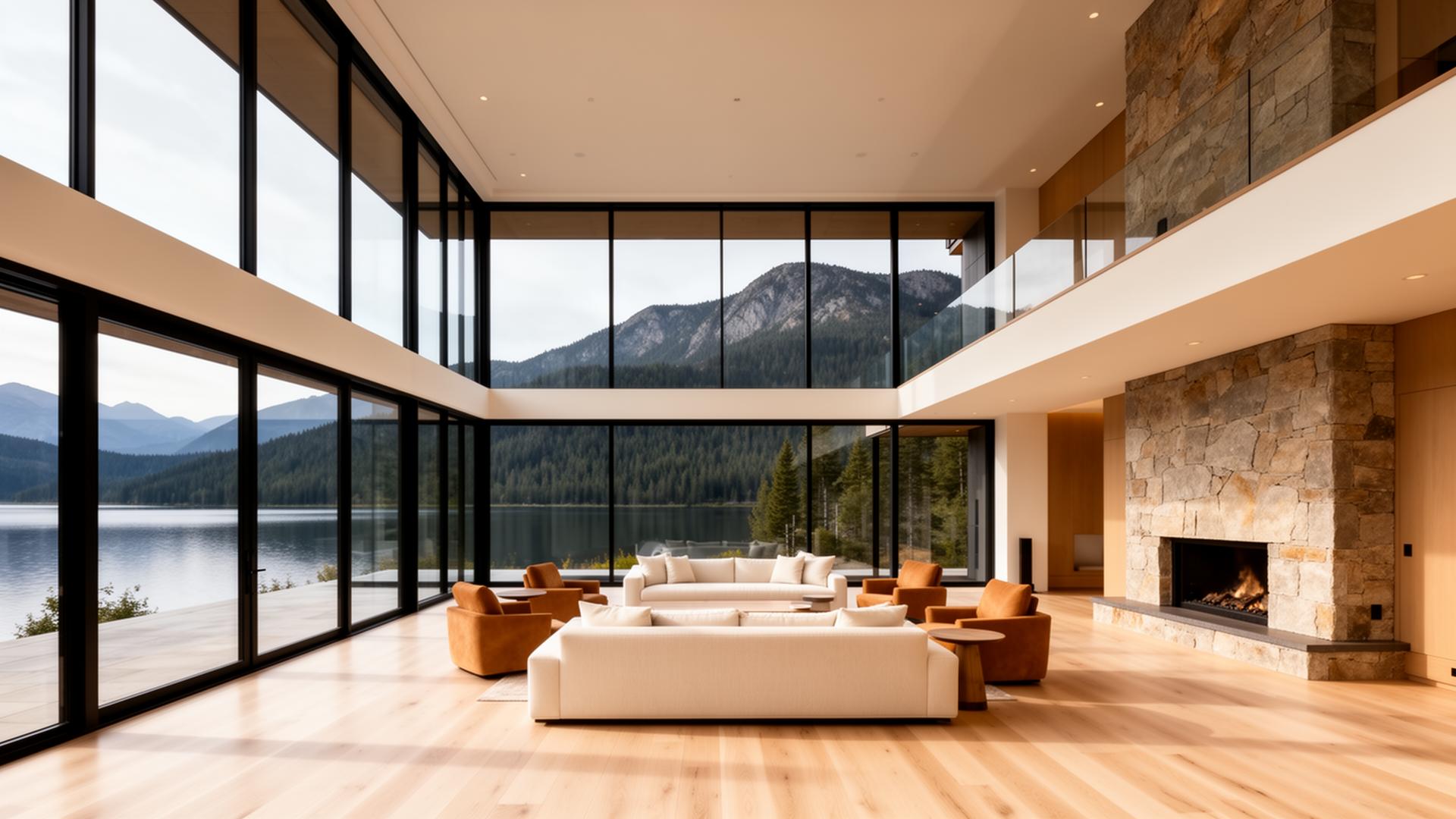 ATOM double-height living room with floor-to-ceiling windows facing Greenwood Lake